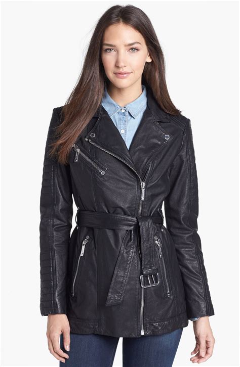 michael kors leather belted moto jacket|Michael Kors black leather jacket.